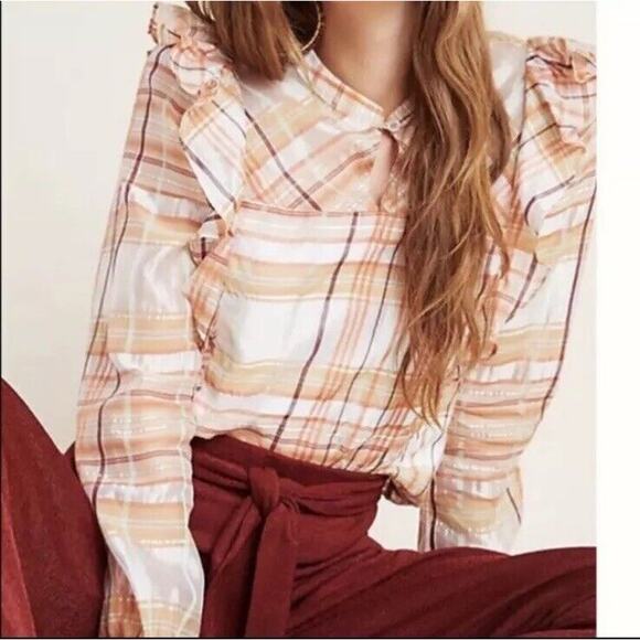 Current Air Anthropologie Plaid Ruffle Blouse Top XLarge Boho Cottagecore Indie - Picture 2 of 9